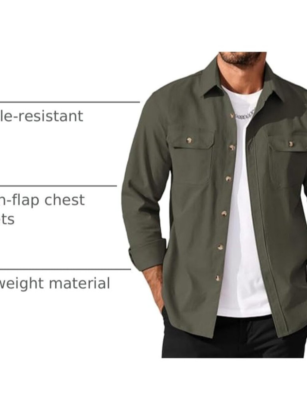Men's Long Sleeve Button Up Shirt Jacket with Flap Pockets - Picture 4 of 7
